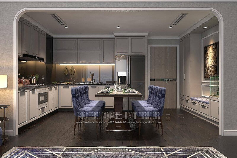 Tủ bếp gỗ công nghiệp sơn trắng với đường nét tân cổ điển đẹp mắt Tủ bếp đẹp