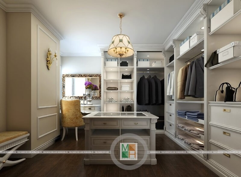 Thiết kế nội thất phòng thay đồ cho căn hộ chung cư Mandarin cao cấp với tông màu trắng chủ đạo . Thiết kế chung cư