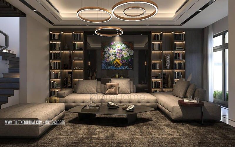 Ấn tượng với bộ sofa lớn thiết kế theo phong cách hiện đại được bọc da nâu cao cấp giữa phòng khách biệt thự, nhà phố. Mẫu nội thất chung cư hiện đại