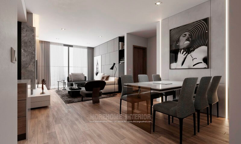 Thiết kế chung cư hiện đại,khu vực sinh hoạt chung được thiết kế liền kề, phần cửa hướng ra ban công kích thước lớn mang lại ánh sáng và không khí trong lành cho căn phòng bớt ngột ngạt Mẫu nội thất chung cư hiện đại