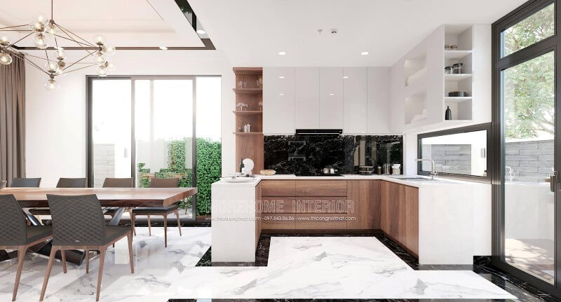 Mẫu tủ bếp gỗ tự nhiên được thiết kế ấn tượng với sự phân chia khoa học mang lại sự thuận tiện cho người nấu. Tủ bếp hiện đại, tủ bếp chữ u, tủ bếp chữ i, tủ bếp chữ l