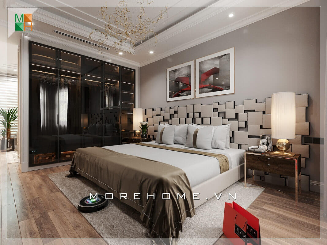 Xen lẫn giữa căn phòng ngủ hiện đại là chiếc tủ quần áo âm tường cánh kính màu đen sang trọng, hiện đại. Mẫu nội thất biệt thự đẹp