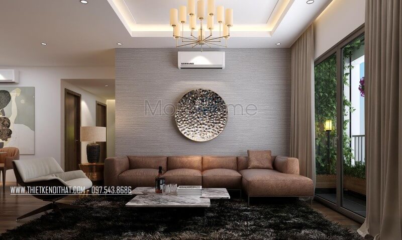 Nội thất phòng khách chung cư hiện đại đầy ấn tượng, gam màu nâu trầm ấm áp Thiết kế chung cư