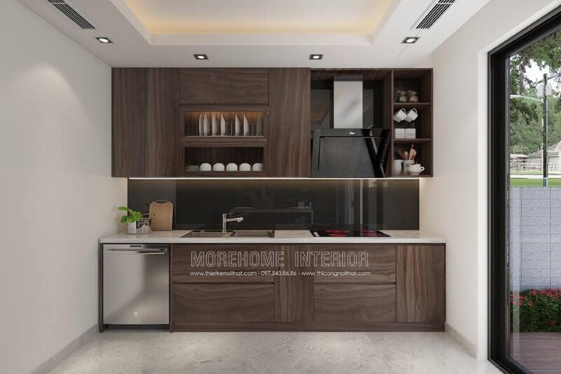 Mẫu tủ bếp với đường vân độc đáo cùng gỗ tối màu đã tạo nên không gian bếp hiện đại sang trọng. Tủ bếp hiện đại, tủ bếp chữ u, tủ bếp chữ i, tủ bếp chữ l