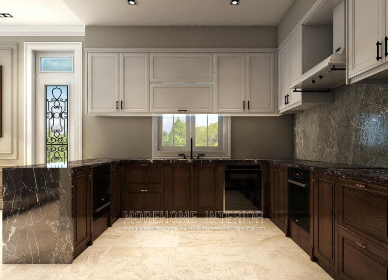 Tủ bếp gỗ tự nhiên hiện đại được thiết kế trong một không gian bếp không khép kín, bao quanh bởi ba mặt tủ bếp và tủ để đồ. Kiểu thiết kế bếp chữ U tạo nên một không gian nấu nướng biệt lập, sử dụng linh hoạt. Tủ bếp hiện đại, tủ bếp chữ u, tủ bếp chữ i, tủ bếp chữ l