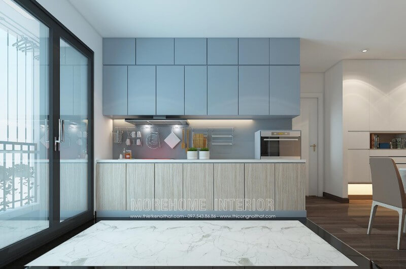 Sử dụng tủ bếp gỗ chữ i với chất liệu gỗ công nghiệp làm cho căn bếp tuy đơn giản nhưng lại trở nên nổi bật, sang trọng Tủ bếp hiện đại, tủ bếp chữ u, tủ bếp chữ i, tủ bếp chữ l