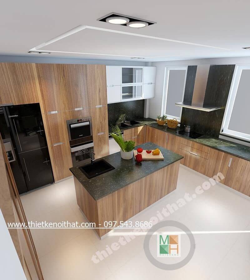 Mẫu tủ bếp gỗ công nghiệp với tone màu nâu sáng hiện đại mang lại không gian thoải mái, sạch sẽ cho người nội trợ Tủ bếp hiện đại, tủ bếp chữ u, tủ bếp chữ i, tủ bếp chữ l