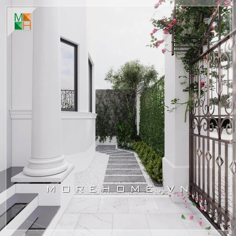 Ý tưởng thiết kế lối đi hông nhà biệt thự, nhà phố với nhiều hoa và cây xanh gây cảm giác thân thiện và gần gũi với thiên nhiên.