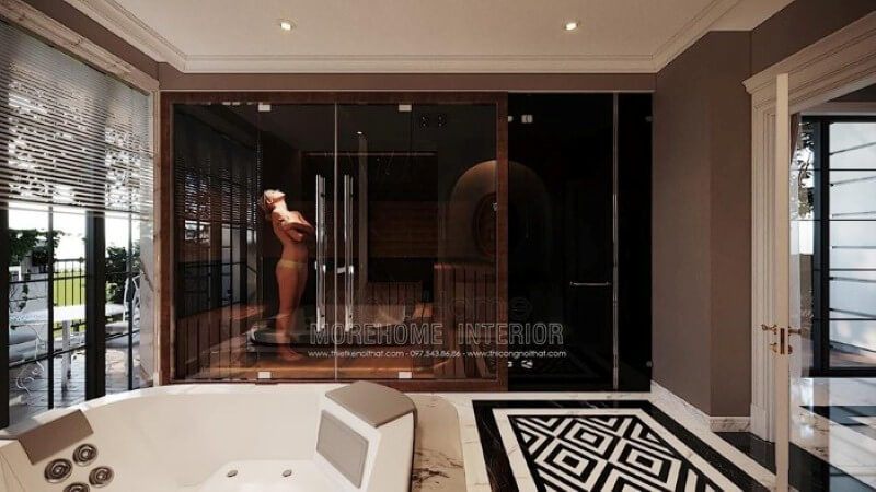 Phòng tắm kính cửa mở quay ấn tượng với sắc đen sang trọng trong phòng tắm hiện đại, cao cấp.