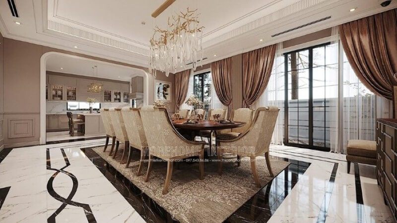 Trang trí nội thất phòng ăn liền bếp phong cách đương đại đẹp, sang trọng.