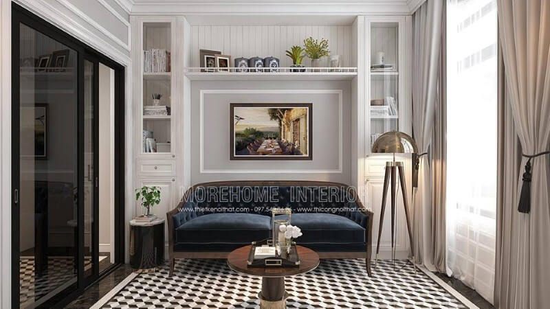 Kệ trang trí cùng ghế sofa được trang trí khá hợp lý giúp không gian vừa trở nên thông thoáng nhưng lại tạo điểm nhấn ấn tượng, độc đáo cho phòng đọc sách.