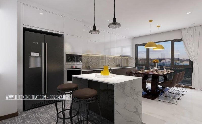 Phòng bếp lồng phòng ăn tạo nên sự thông thoáng, tiện nghi nhưng đẹp, sang trọng tại biệt thự hiện đại Xuân Phương.
