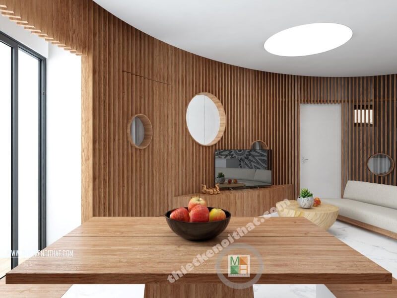 Trang trí chung cư vách gỗ bao quanh không gian hình Elip cùng góc nhìn hướng ra ban công tạo nên không gian thư giãn, thoải mái cho người sử dụng.