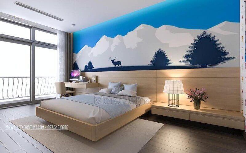 Thiết kế nội thất phòng ngủ con trai có ban công cùng cửa sổ lớn giúp không gian trở nên thông thoáng, đẹp, độc đáo.