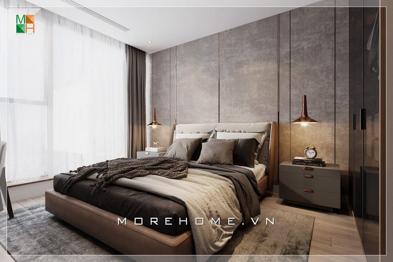 Mẫu thiết kế phòng ngủ với nội thất gỗ công nghiệp cao cấp, mang lại vẻ đẹp sang trọng, đẳng cấp cho không gian căn phòng. Với thiết kế cửa kính ban công to thay cho bức tường thông thường, căn phòng ngủ của bạn sẽ luôn thoáng mát, sáng sủa nhờ tận dụng triệt để ánh sáng tự nhiên