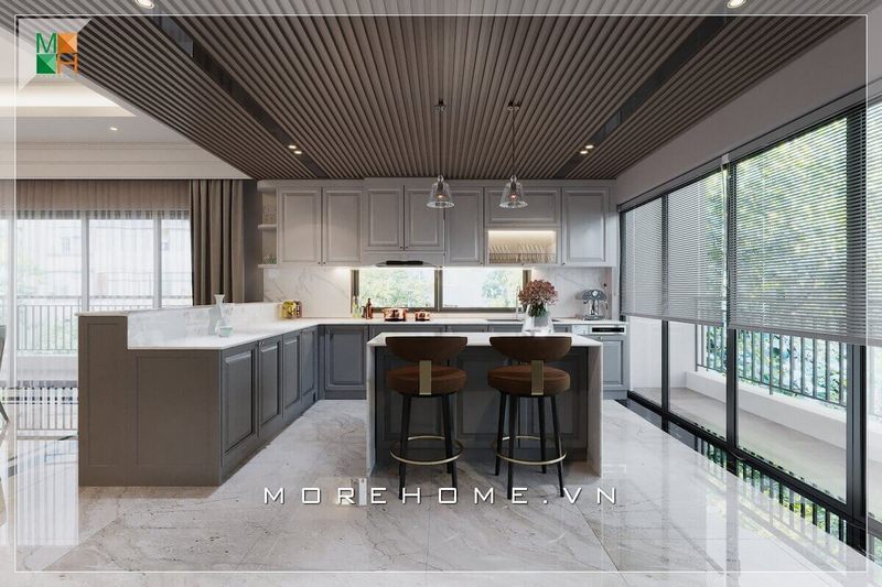 Mẫu ghế ngồi bàn đảo bếp mang phong cách ghế quầy bar với chất liệu gỗ tự nhiên bọc nỉ cao cấp kết hợp inox trang trí, mang lại vẻ đẹp hiện đại mà vẫn cổ điển cho không gian phòng bếp