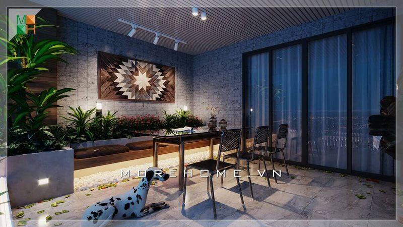 Trang trí ban công ấn tượng và đẹp mắt hòa chung với không khí thiên nhiên của hoa lá. Xen giữa không gian lý tưởng đấy là bức tranh canvas hoạ tiết độc đáo.