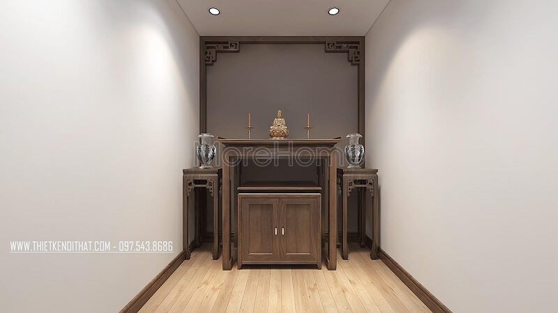 Mẫu bàn thờ cao cấp gỗ tự nhiên màu nâu nhạt với đường vân tinh tế, kiểu dáng nhỏ gọn phù hợp với căn hộ chung cư.