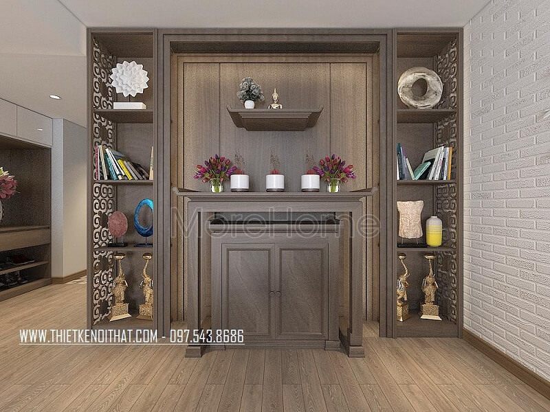 Mẫu bàn thờ chung cư hiện đại màu nâu sáng với kiểu dáng nhỏ gọn, thiết kế đơn giản nhưng vẫn mang đến vẻ đẹp tinh tế, sang trọng.