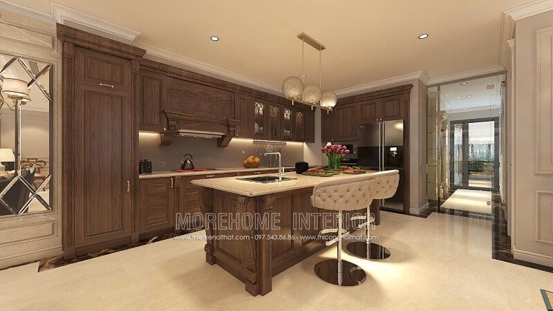 Mẫu tủ bếp gỗ óc chó kiểu dáng chữ i song song này tạo ra nhiều khoảng không gian lưu trữ giúp căn bếp biệt thự gọn gàng, kết hợp với bàn ăn phụ giúp các bạn thoải mái trang trí thêm cho căn bếp thêm sinh động, ấn tượng cũng như có những bữa ăn ngon miệng và nhanh chóng hơn