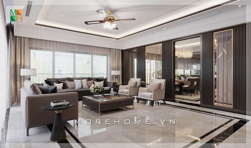 .
Lát nền bằng đá nhân tạo đang được ưa chuộng trong thiết kế kiến trúc phòng khách bởi vẻ đẹp cao cấp, bóng bẩy của đá và tính chất chống bẩn, chống trày xước tuyệt vời của nó, góp phần tạo nên sự sang trọng cho không gian phòng khách.