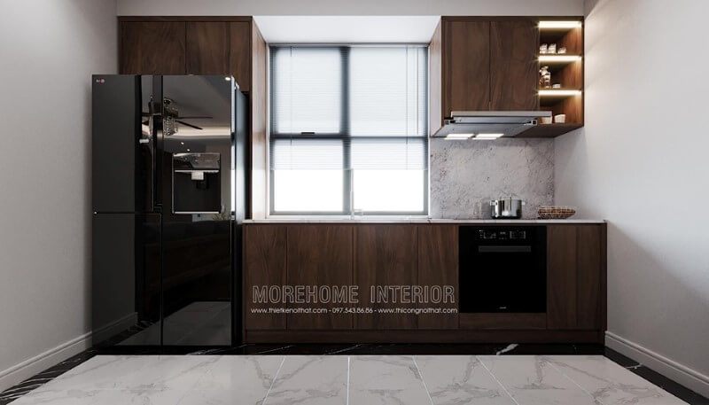 Mẫu thiết kế tủ bếp cho các căn hộ hiện đại bằng gỗ óc chó cao cấp có tính tinh tế.