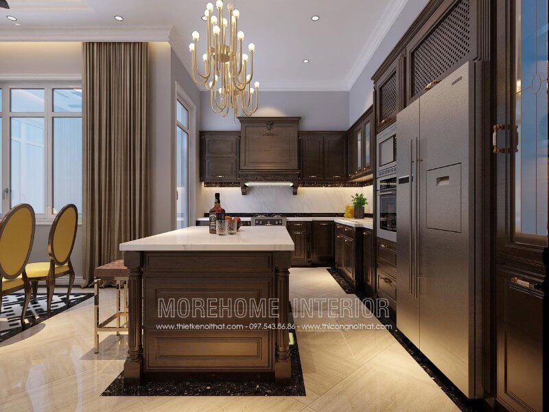 Tủ bếp biệt thự phong cách tân cổ điển góp phần tạo nên không gian sang trọng, tinh tế, khiến khách đến nhà chơi phải khen ngợi về gu thẩm mĩ của gia chủ với những lời trầm trồ.