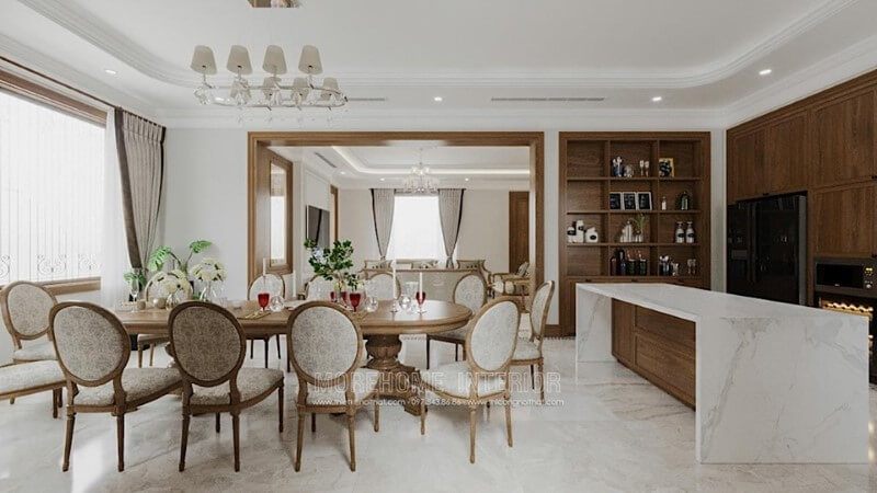 Mẫu bàn ăn gỗ tự nhiên với gam màu nâu vàng tinh tế, các đường nét kết hợp với chất liệu nỉ trên chiếc ghế mang đậm chất quý tộc.